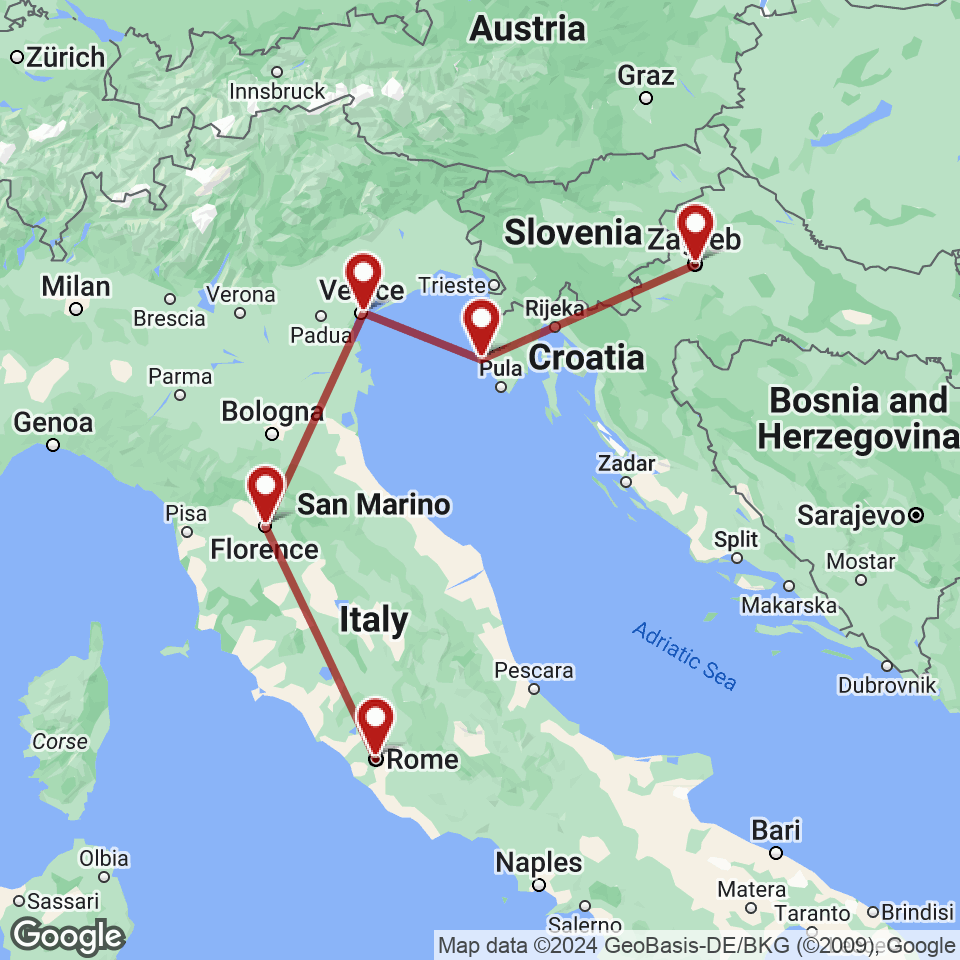 Route for Rome, Florence, Venice, Rovinj, Zagreb tour